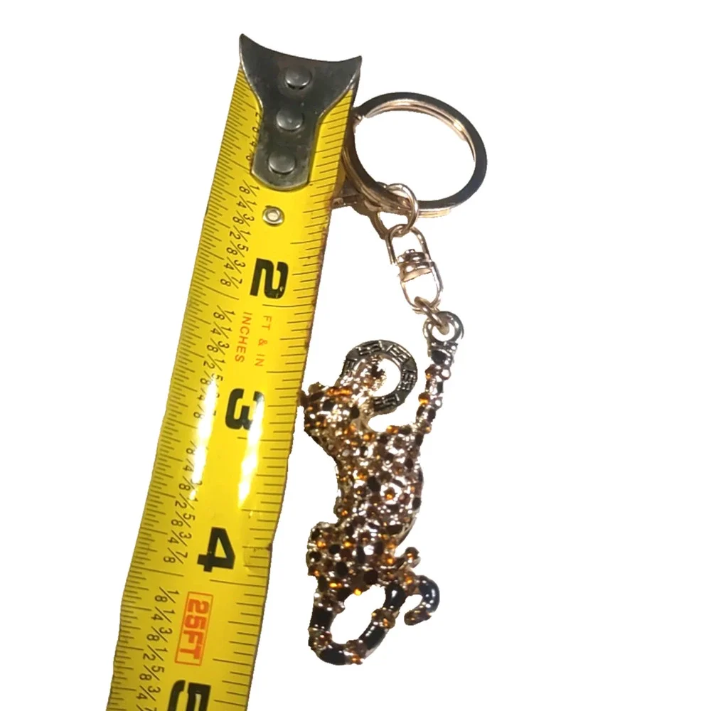 Leopard Keychain Gold Tone Brown Orange Rhinestone Gold Tone Purse Clip